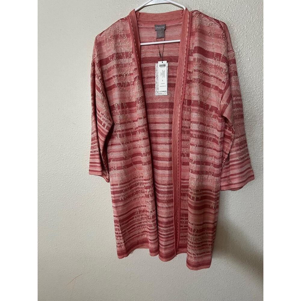 Chico's Striped Jacquard Open Cardigan Sweater in salmon pink NEW 1/ MEDIUM